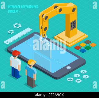 Entwicklungskonzept der isometrischen Benutzeroberfläche Vector 3D. Anwendung und Software, Bildschirm und Telefon Stock Vektor