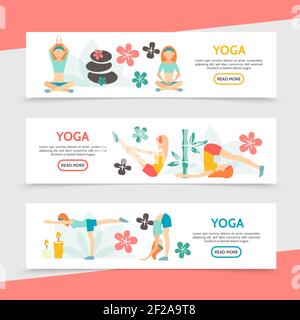 Flache horizontale Yoga-Banner mit Mädchen, die in verschiedenen Posen meditieren Spa Steine Blumen Kerzen Bambus Vektor Illustration Stock Vektor