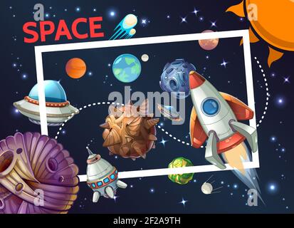 Cartoon kosmische Vorlage mit rechteckigen Rahmen Rakete Raumschiff ufo-Planeten Asteroiden Meteore Kometen Sonne Satellit auf Raum Hintergrund Vektor illustraa Stock Vektor