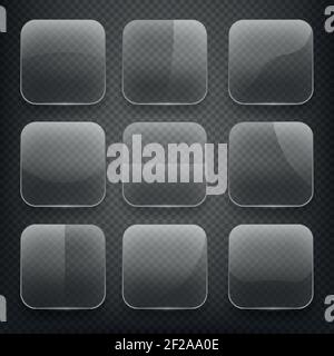 Transparente Glas quadratische App-Tasten auf kariertem Hintergrund. Blank leer, glänzend und glänzend. Symbole für Vektordarstellung eingestellt Stock Vektor