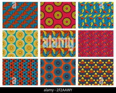 Afrikanisches Wachsmuster. Abstrakt floral nahtlose Ornament, vintage dekorative afrikanische Textil Vektor Hintergrund Illustration Set. Modische Wachsqualität Stock Vektor