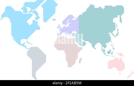 Vereinfachte Weltkarte mit scharfen geraden Linien gezeichnet (Verschiedene Farben für jeden Kontinent) Stock Vektor