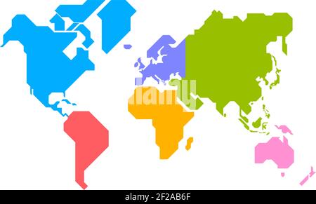 Vereinfachte Weltkarte mit scharfen geraden Linien gezeichnet (Verschiedene Farben für jeden Kontinent) Stock Vektor
