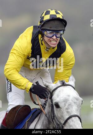 NATIONAL HUNT FESTIVAL CHELTENHAM 1ST TAGE DIE SCHLUMFIT-MEISTERHÜRDE R.JOHNSON AUF HAHN BOOSTER NACH DEM GEWINN 11/3/2003 BILD DAVID ASHDOWNRACING CHELTENHAM Stockfoto