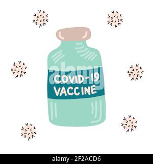 Symbole für Impfstoffflasche Coronavirus. Covid-Impfdosis handgezeichnete Illustration. Impfzeit. Halten Sie Covid. Prävention, Immunisierung und Behandlung Stock Vektor