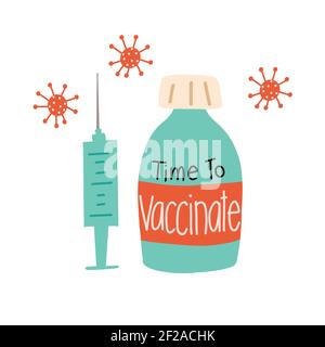 Zeit für die Impfung Flasche Coronavirus Spritze Symbole. Covid-Impfstoffdosisnadel handgezeichnete Illustration. Impfzeit. Halten Sie Covid Stock Vektor