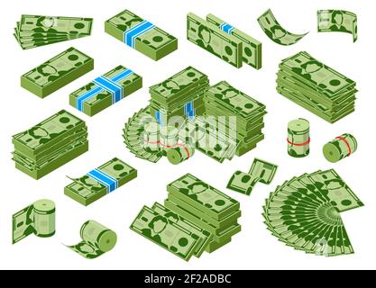 Isomeres Geld. Dollar-Banknoten Stapel, grünen Dollar-Scheine Stapel, Gewinn Geldschatz. Geld Cash Capital Vektor Illustration Set Stock Vektor