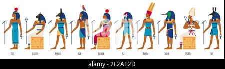 altägyptische Götter. Ägyptische Kulturgötter, Anubis, Osiris, Isis, Bastet und Amun Ra. Historische ägyptische Kultur Zeichen Vektor Illustration Set Stock Vektor