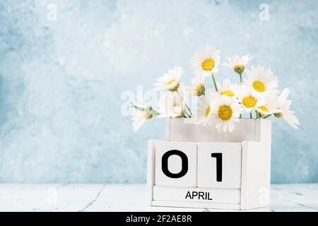 White Cube Kalender für april mit Gänseblümchen über geschmückt Blauer Hintergrund mit Kopierbereich Stockfoto