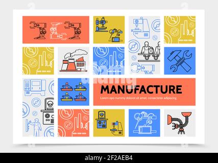 Herstellung Infografik Konzept mit Roboterarm Ingenieure Fabrik industriellen Maschinen Schraubenhammer Produktionslinie Symbole Vektor-Illustration Stock Vektor