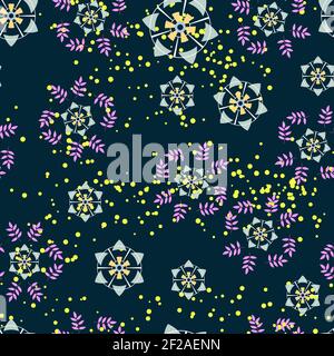 Vektor nahtlose Muster von Blumen und Blättern auf einem blauen Hintergrund. Blumen und Blätter sind zufällig im Bild verstreut. Wiederholtes editab Stock Vektor