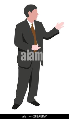 Vektor-Illustration eines Geschäftsmannes, der mit seiner Handpräsentation zeigt. Stock Vektor