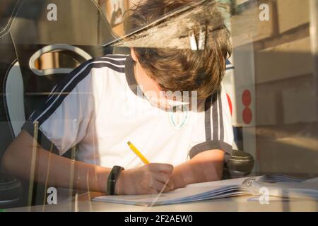 Enthusiastisches Kind, das für die Schule studiert. Hausaufgaben Stockfoto