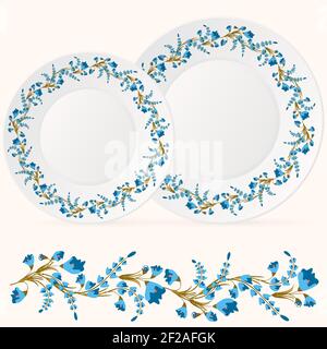 Wiederholendes Muster von blauen Blumen auf einem weißen Teller. Vektor, EPS 10. Stock Vektor