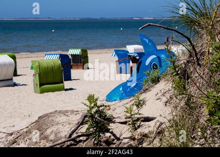 Eine Nahaufnahme eines aufblasbaren Delphins und eines leeren überdachten Korbgeflechtes Liegen am Sandstrand Stockfoto