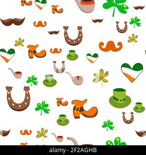Sammlung von traditionellen Symbolen von St. Patrick. Bierbecher, Klee, Kobold Hut, Topf mit Goldmünzen. Wiederholbares, bearbeitbares Vektormuster. EPS 10 Stock Vektor