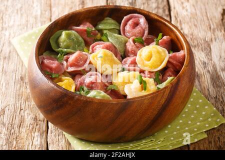 Hausgemachte bunte Tortellini Knödel mit verschiedenen Füllungen close-up in einer Schüssel auf dem Tisch. Horizontal Stockfoto