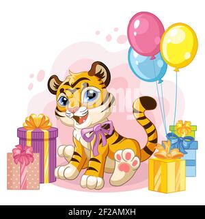 Niedliche Cartoon kleinen Tiger mit Ballons und Geschenk-Boxen. Vektor-isolierte Illustration. Für Postkarte, Plakate, Kinderzimmer-Design, Grußkarte, Aufkleber Stock Vektor