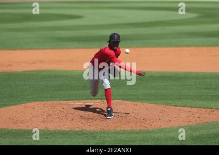 Dienstag, 9. März 2021; Port Charlotte, FL, Boston Red Sox Relief Pitcher Phillips Valdez (71) liefert einen Platz während eines Baseballspiels im Frühjahr im Charlotte Sports Complex. The Rays Beat the Red Sox 11-3 (Kim Hukari/Image of Sport) Stockfoto