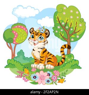 Niedlichen Cartoon kleinen Tiger sitzt auf Wiese mit Blumen und Bäumen. Vektor-isolierte Illustration. Für Postkarte, Plakate, Kindergartengestaltung, Grußkarte Stock Vektor