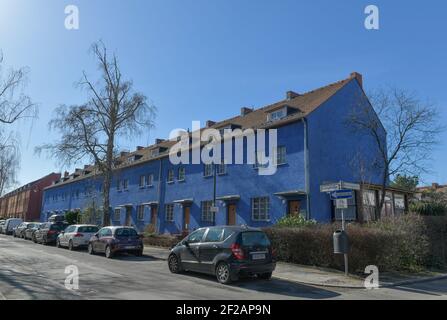 Wohnhäuser, Linigstraße, Hufeisensiedlung, Britz, Neukölln, Berlin, Deutschland Stockfoto