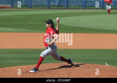 Dienstag, den 9. März 2021; Port Charlotte, FL Boston Red Sox Pitcher Thad Ward (97) liefert einen Platz während eines Baseballspiels im Frühjahr im Charlotte Sports Complex. The Rays Beat the Red Sox 11-3 (Kim Hukari/Image of Sport) Stockfoto