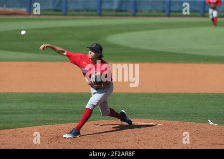 Dienstag, den 9. März 2021; Port Charlotte, FL Boston Red Sox Pitcher Thad Ward (97) liefert einen Platz während eines Baseballspiels im Frühjahr im Charlotte Sports Complex. The Rays Beat the Red Sox 11-3 (Kim Hukari/Image of Sport) Stockfoto