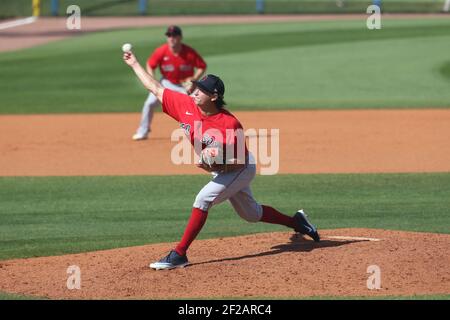 Dienstag, den 9. März 2021; Port Charlotte, FL Boston Red Sox Pitcher Thad Ward (97) liefert einen Platz während eines Baseballspiels im Frühjahr im Charlotte Sports Complex. The Rays Beat the Red Sox 11-3 (Kim Hukari/Image of Sport) Stockfoto