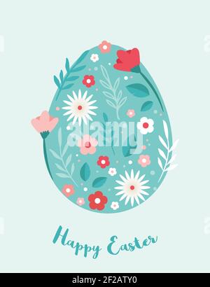 Frohe Ostern. Grußkarten oder Poster mit Frühlingsblumen und Osterei. Vorlage für Eiersuche-Poster. Federhintergrund. vektorgrafik Stock Vektor