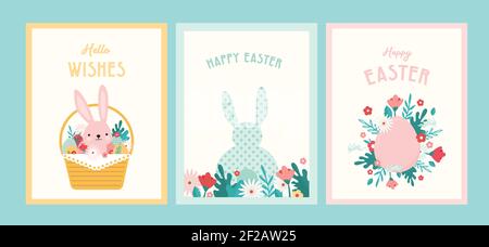 Frohe Ostern. Grußkarten oder Poster mit Hünchen, Frühlingsblumen und Osterei. Vorlage für Poster zur Eierjagd. Federhintergrund. Vektordarstellung Stock Vektor