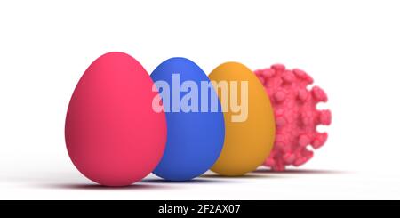 Ostern 2021 in Covid-19 und Coronavirus-Konzept: Eine Bakterienzelle versteckt sich hinter 3D rendern bunte Eier. Dekorative grafische Objekte. Illustriert Stockfoto