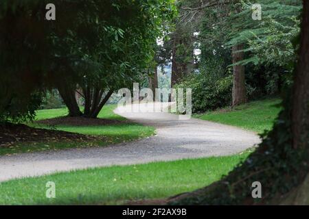 Kurvenreicher Schotterweg durch den Park, lebendiges Grün, gewundener Gehweg zwischen den Bäumen auf dem Grundstück, grünes Gras, Bäume, Blätter, mäandernd Stockfoto