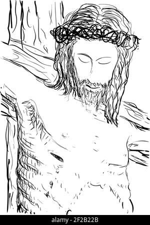 Jesus Christus gekreuzigt am Kreuz. Christliche und katholische Religion. Vektorgrafik. Stock Vektor