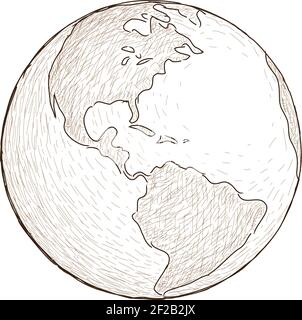 Vektordarstellung der Welt. Freihandzeichnung. Der Erdglobus, die Erde aus dem Weltraum gesehen. Stock Vektor
