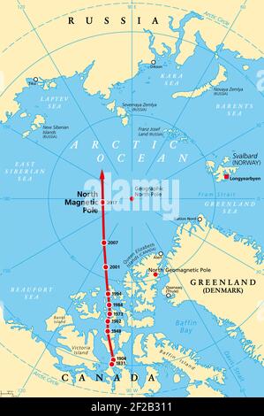 Magnetische Nordpoldrift, politische Karte. Der Nordmagnetpol der Erde bewegt sich im Laufe der Zeit, entsprechend den magnetischen Veränderungen im Kern. Stockfoto