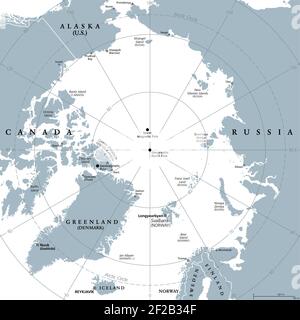 Arktische Region, graue politische Karte. Polarregion um den Nordpol der Erde. Arktischer Ozean, mit Nordmagnetpol und Nordgeomagnetischer Pol. Stockfoto