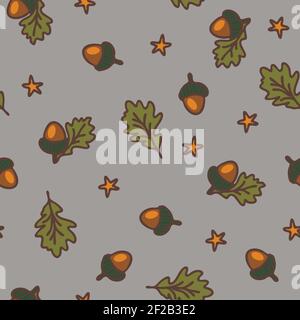 Nahtloses Vektormuster mit Eicheln und Sternen auf grauem Hintergrund. Schöne Herbst Tapete Design. Stock Vektor