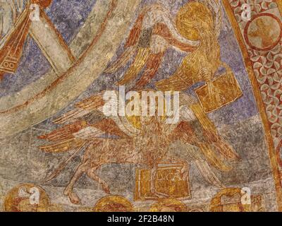 Der Adler des heiligen Johannes und der Ochse des heiligen Lukas der Evangelist, ein altes romanisches Gemälde in Övraby Kirche, Schweden, 6. November 2009 Stockfoto