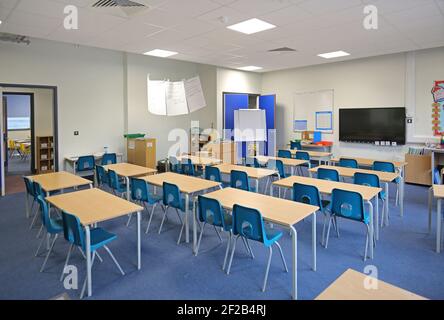 Traditionell in einer neuen Grundschule im Süden Londons, Großbritannien, in einem Klassenzimmer untergebracht. Die Schreibtische sind zur Sicherheit während der Covid-Pandemie 2020 nach vorne gestellt. Stockfoto