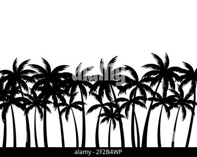 Landschaft mit Palmen. Schwarze Silhouetten von Palmen auf weißem Hintergrund. Design für Poster, Reise-Banner. Vektorgrafik Stock Vektor