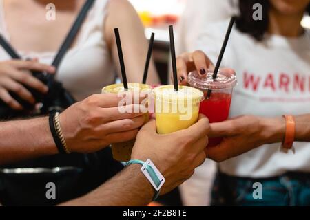 Die Freunde toasten mit verschiedenen Smoothies Stockfoto
