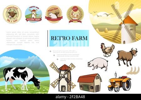 Skizze Retro Bauernhof Zusammensetzung mit Schwein Kuh Huhn Windmühle Scheune Traktor Weizenohren und bunte Landwirtschaft Embleme Vektor-Illustration Stock Vektor