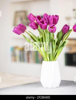 Ein Bouquet von lila Tulpen in einer Vase. Banner Hallo Frühling. Neue Saison. Hallo Mart. Eine Grußkarte. Stockfoto