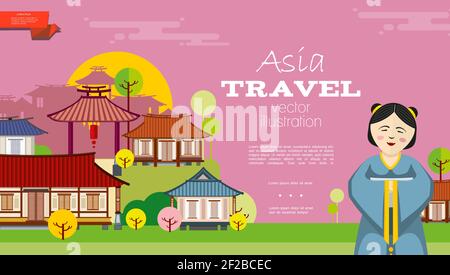 Wohnung Reise nach Asien Hintergrund mit Geisha in Nationalkostüm Auf Stadtlandschaft mit traditionellen japanischen Gebäuden Vektor-Illustration Stock Vektor