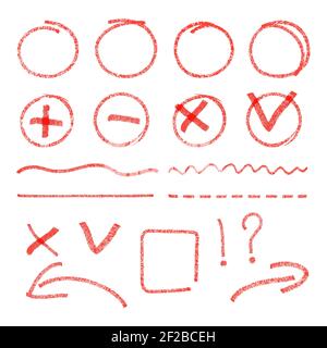 Elemente mit roten Hervorhebungselementen. Kreise, Pfeile, Häkchen, Kreuzzeichen. Ausrufezeichen und Frage, Linienzeichnung, Markerdarstellung Stock Vektor