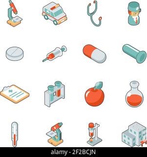 Medizin und Gesundheitswesen isometrische 3D Symbole. Symbol medizinisches Set, Krankenhaus und Notfall, Vektor-Illustration Stock Vektor