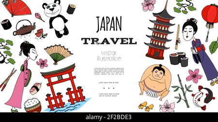 Handgezeichnetes Travel to Japan Konzept mit Geisha Pagode Tor panda Sumo Wrestler Fisch traditionelle Lebensmittel sakura Blumen Laterne Bonsai Teekanne Bambus Stiel Stock Vektor