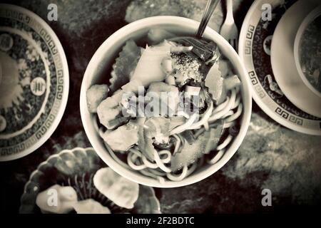 Gemüsesuppe mit Nudeln im Chinatown Express Restaurant im authentischsten chinesischen Restaurant von Washington, D.C. Stockfoto