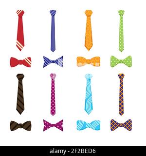 Flache Bindebögen und Fliege-Symbole. Krawatte Kleidung, tragen formale Accessoire, Eleganz Knoten, Stil, Design. Vektorgrafik Stock Vektor