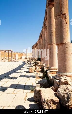 2000 Jerash Jordan Middle East - Kalksteinsäulen des Cardo Jarash North Jordan Middle East. Gerasa oder Jerash ist eine Stadt im Norden Jordaniens. Die Stadt liegt 30 km nördlich der Hauptstadt Amman. Jerash gilt als eine der größten und am besten erhaltenen Stätten der römischen Architektur in der Welt außerhalb Italiens. Dies ist die lange Kolonnadenstraße oder Cardo und seine Seitenstraßen oder decumani.Cardo war der lateinische Name, der einer Nord-Süd-Straße in antiken römischen Städten und Militärlagern als integraler Bestandteil der Stadtplanung gegeben wurde. In Jerash überlebte die ursprüngliche Straßenoberfläche. Stockfoto